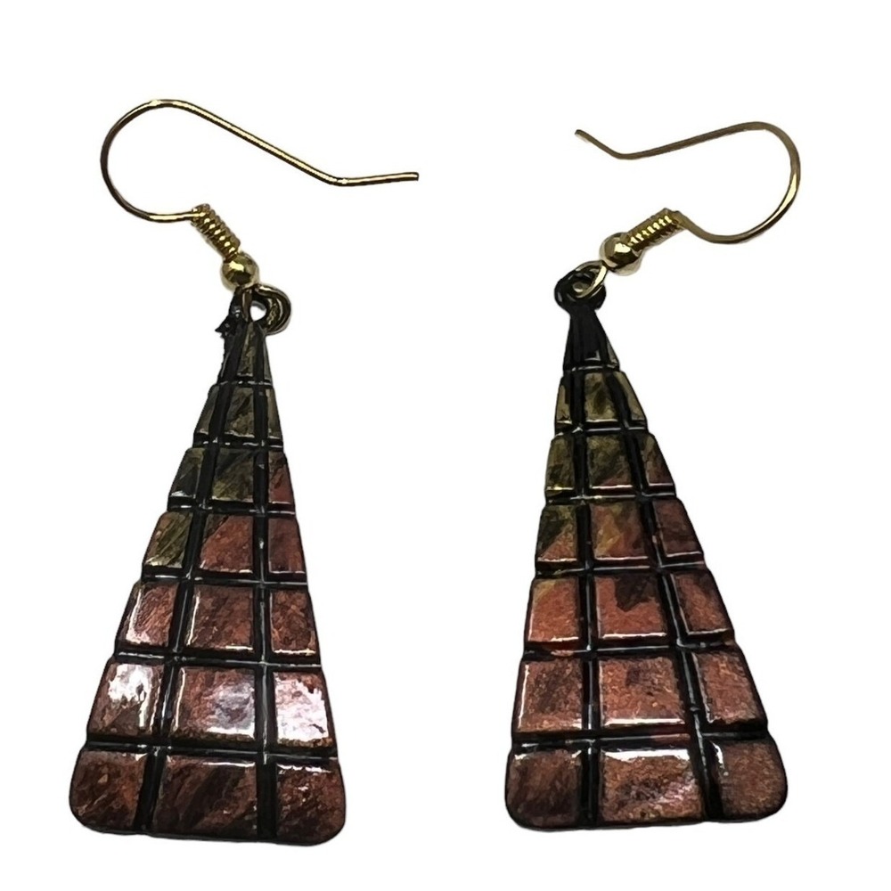 Enamel Dangle‎ Pierced Earrings Peach Green Metal Drop